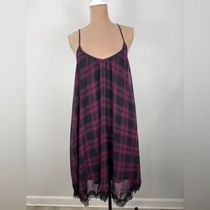 Express Black and Plum Plaid Lace-Trim Slip Dress